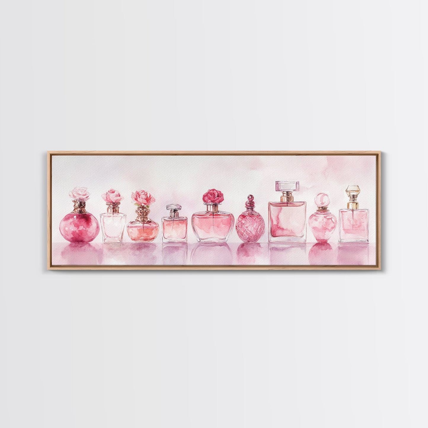 Framed Canvas Print Perfume Bottle Art Pink Abstract Art Feminine Decor Gift Idea Minimalist Living Room Wall Art Horizontal Painting