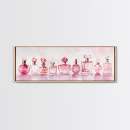 Framed Canvas Print Perfume Bottle Art Pink Abstract Art Feminine Decor Gift Idea Minimalist Living Room Wall Art Horizontal Painting