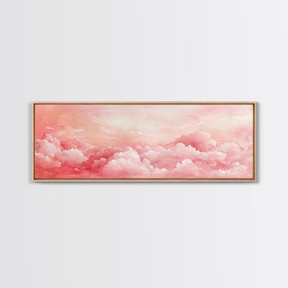 Pink Cloudscape Framed Canvas Print Light Pink Wall Art Above Sofa Horizontal Art Moody Sky Coastal Decor Gift Idea For Her Bedroom Art