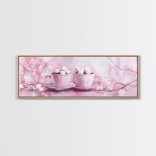 Marshmallow Hot Chocolate Painting, Canvas Print, Cozy Cottagecore Kitchen Art, Pink Wall Art Style, Warm Winter Decor Touch