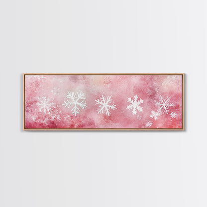 Framed Canvas Print of Snowflakes on Pink Background Featuring Cozy Winter Wall Art or Light Holiday Bedroom Seasonal Decor