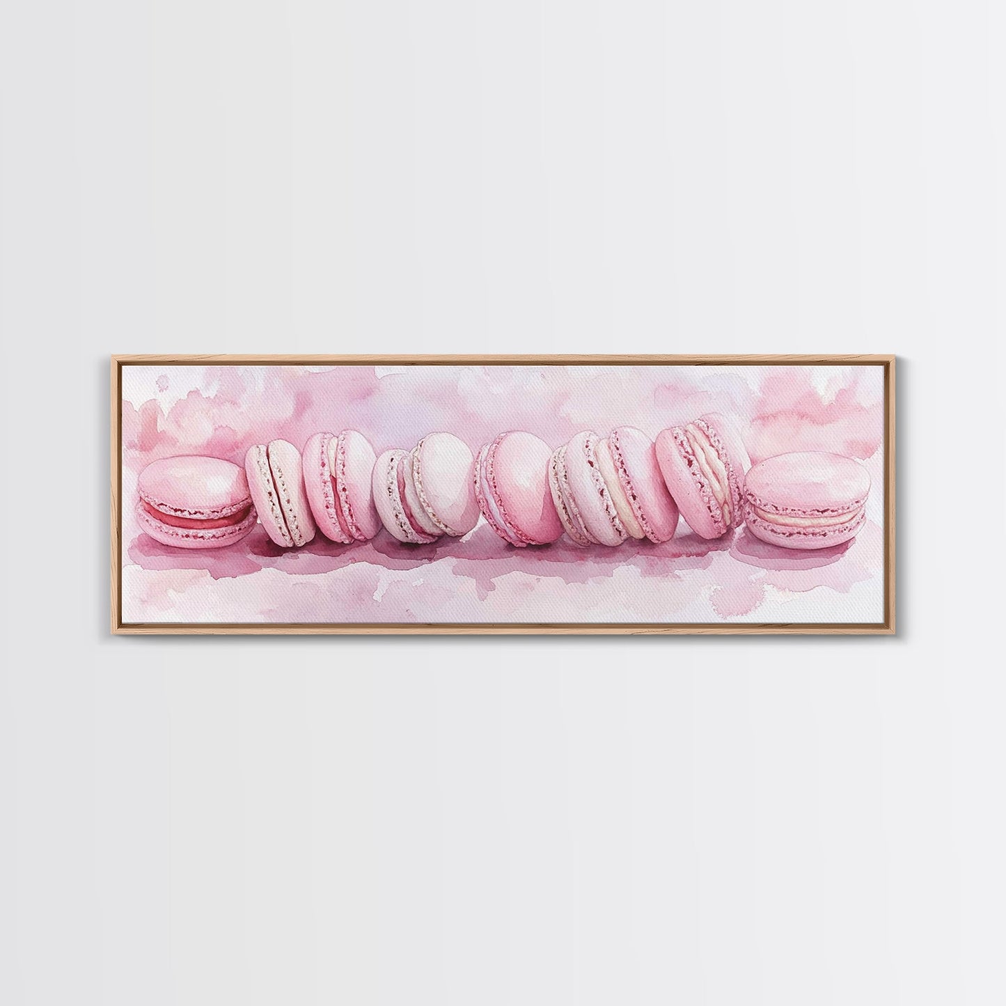 Whimsical Macarons Pink Wall Art Framed Canvas Print Extra Wide Horizontal Dessert Painting Food Review Kitchen Art