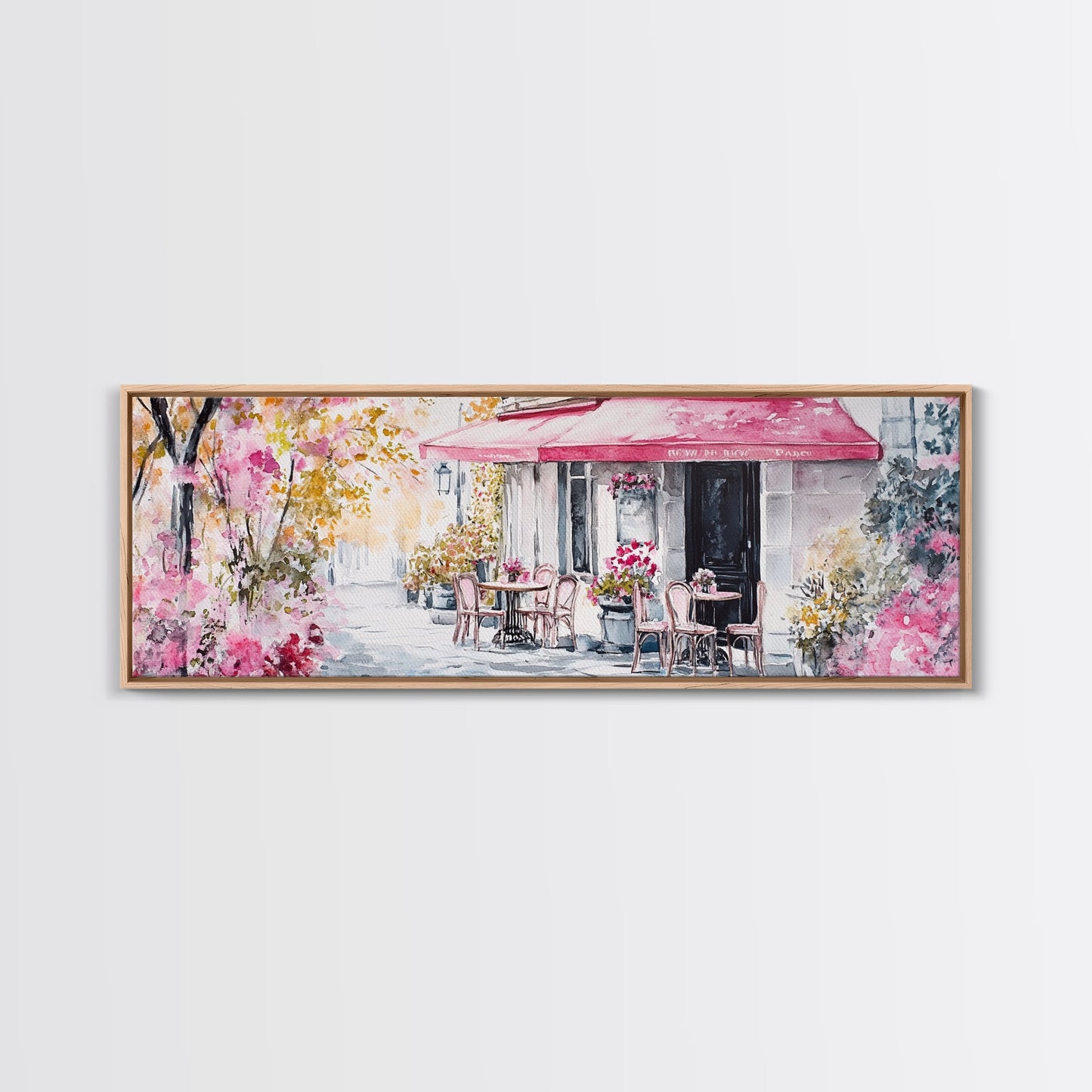 Parisian Cafe Cherry Blossom Painting Framed Canvas Print Extra Wide Art Horizontal Wall Art Rustic Above Sofa Decor