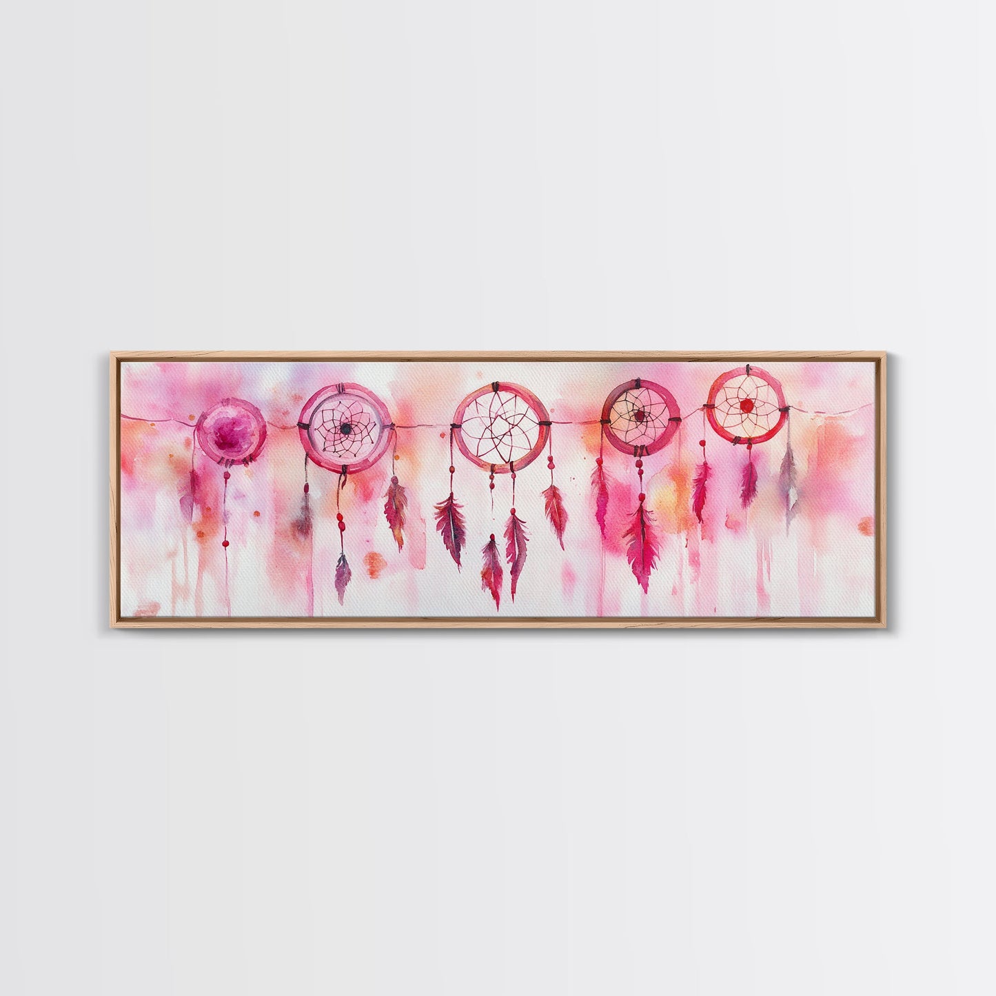 Dreamcatcher Canvas Print, Pink Orange Wall Art with Whimsical Artistic Feathers, Boho Art Idea for Living Room or Above Couch