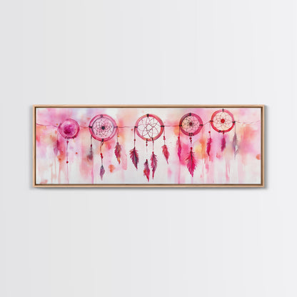 Dreamcatcher Canvas Print, Pink Orange Wall Art with Whimsical Artistic Feathers, Boho Art Idea for Living Room or Above Couch