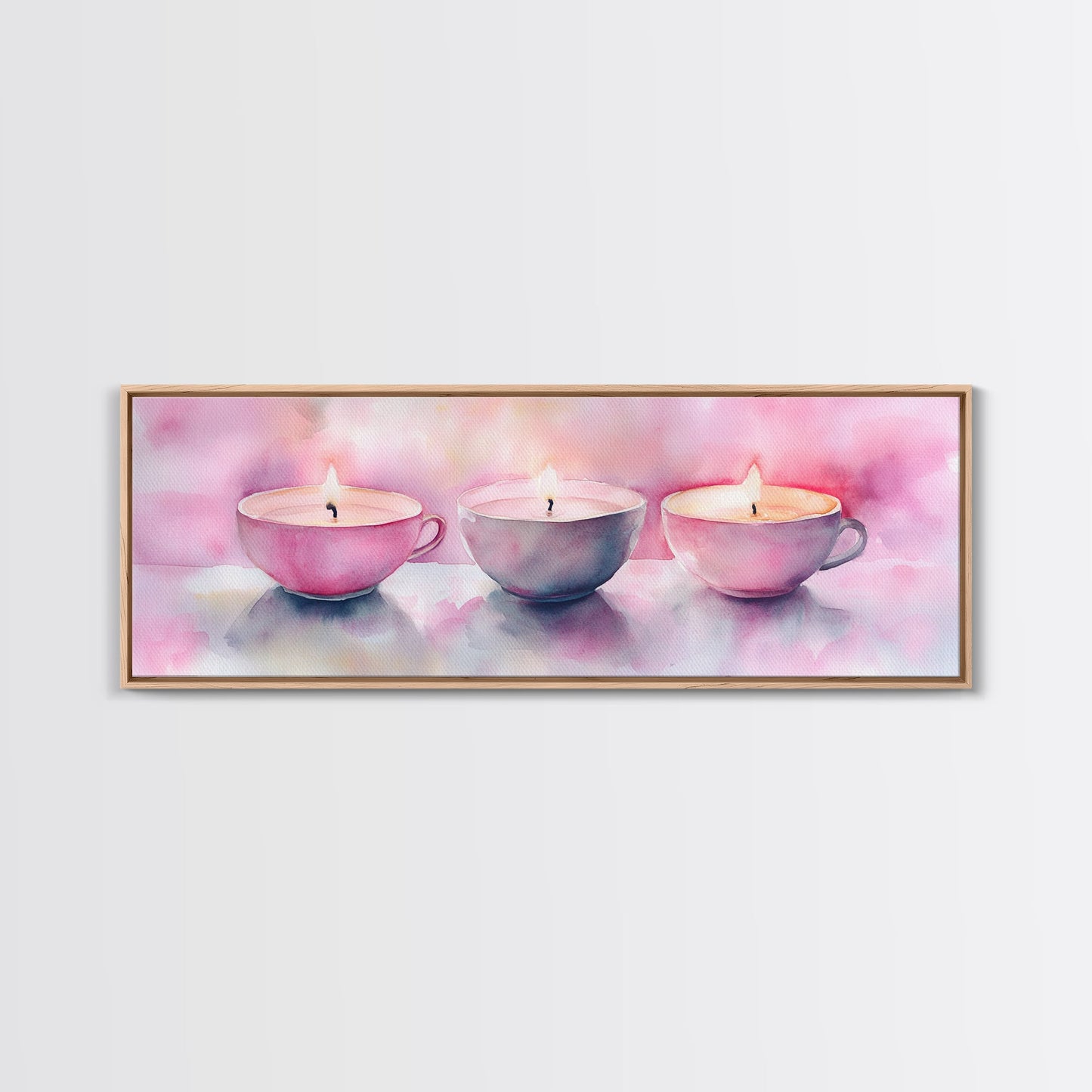 Candlelight Framed Canvas Print, Cozy Pastel Teacup Candles Art, Light Pink Wall Decor, Bedroom or Dining Room Whimsical Artwork
