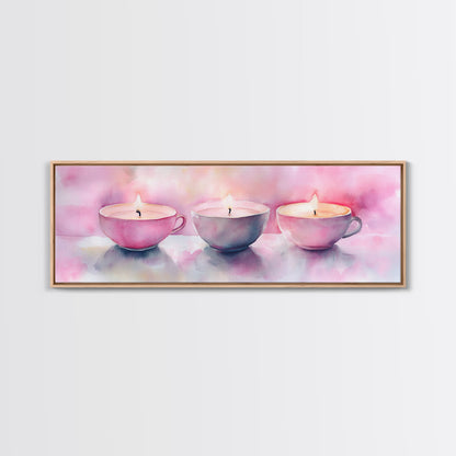 Candlelight Framed Canvas Print, Cozy Pastel Teacup Candles Art, Light Pink Wall Decor, Bedroom or Dining Room Whimsical Artwork