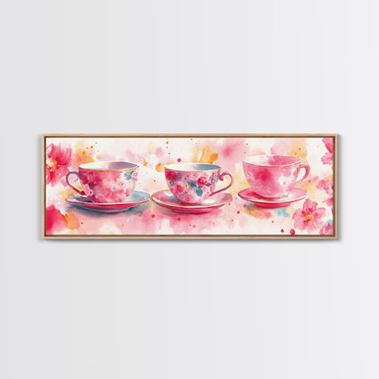 Pink Teacup Canvas Print Feminine Whimsical Kitchen Art Horizontal Pink Artwork Vintage Rustic Wall Art Living Room Framed Art
