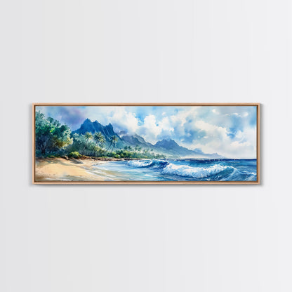 Moody Coastal Seascape Framed Canvas Print - Hawaii Ocean Landscape Painting, Nautical Wall Art, Extra Wide Beach Bedroom Art Decor