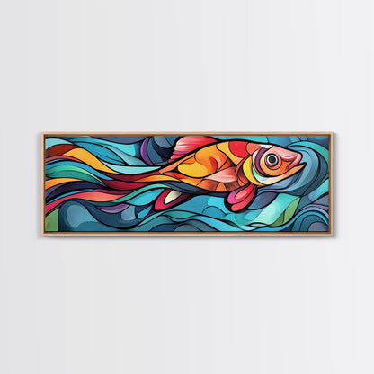 Abstract Goldfish Flow Framed Canvas Print, Whimsical Wall Art, Colorful Art, Teal Painting, Gift Idea, Skinny Wall Art, Bedroom Decor