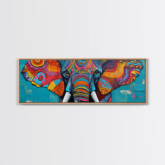 Framed Canvas Print of African Art with Bold Geometric Elephant Design, Whimsical Wall Art, Cottagecore Art, Above Couch Art