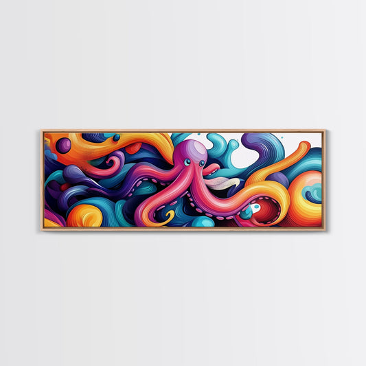 Framed Canvas Print of Colorful Abstract Octopus Art, Whimsical Coastal Wall Art, Nautical Decor, Horizontal Art, Bedroom Decor