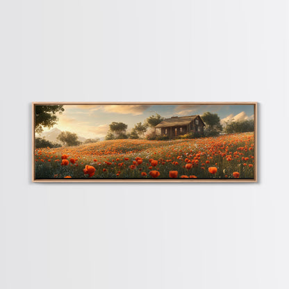 Sunlit Poppy Meadow Framed Canvas Print – Rustic Decor, California Poppy Art, Landscape Painting, Extra Wide Art, Guest Room Art