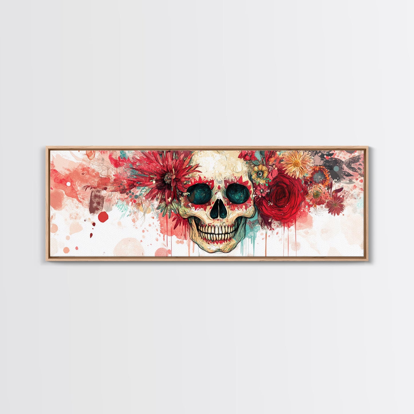 Vibrant Skull Art Framed Canvas Print, Dark Angels Wall Art with Floral Design, Skull and Rose Painting, Gothic Floral Home Decor, Boho Wall Art