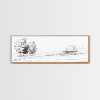Rustic Farmhouse Framed Canvas Print, Black and White Landscape Art, Above Sofa Wall Art Minimalist Living Room Country Decor