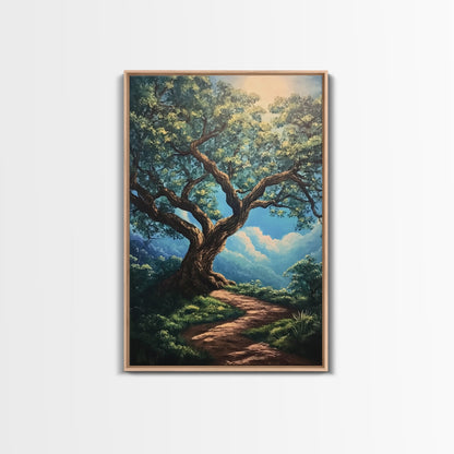 Majestic Oak Tree Framed Canvas Print – Oak Tree Art, Rustic Landscape Painting, Above Sofa Wall Art, Wabi Sabi Living Room Decor