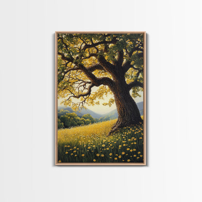 Vibrant Meadow Tree Canvas Print Rustic Wall Art Wildflower Landscape Painting Living Room Artwork Above Sofa Art Fall Decor