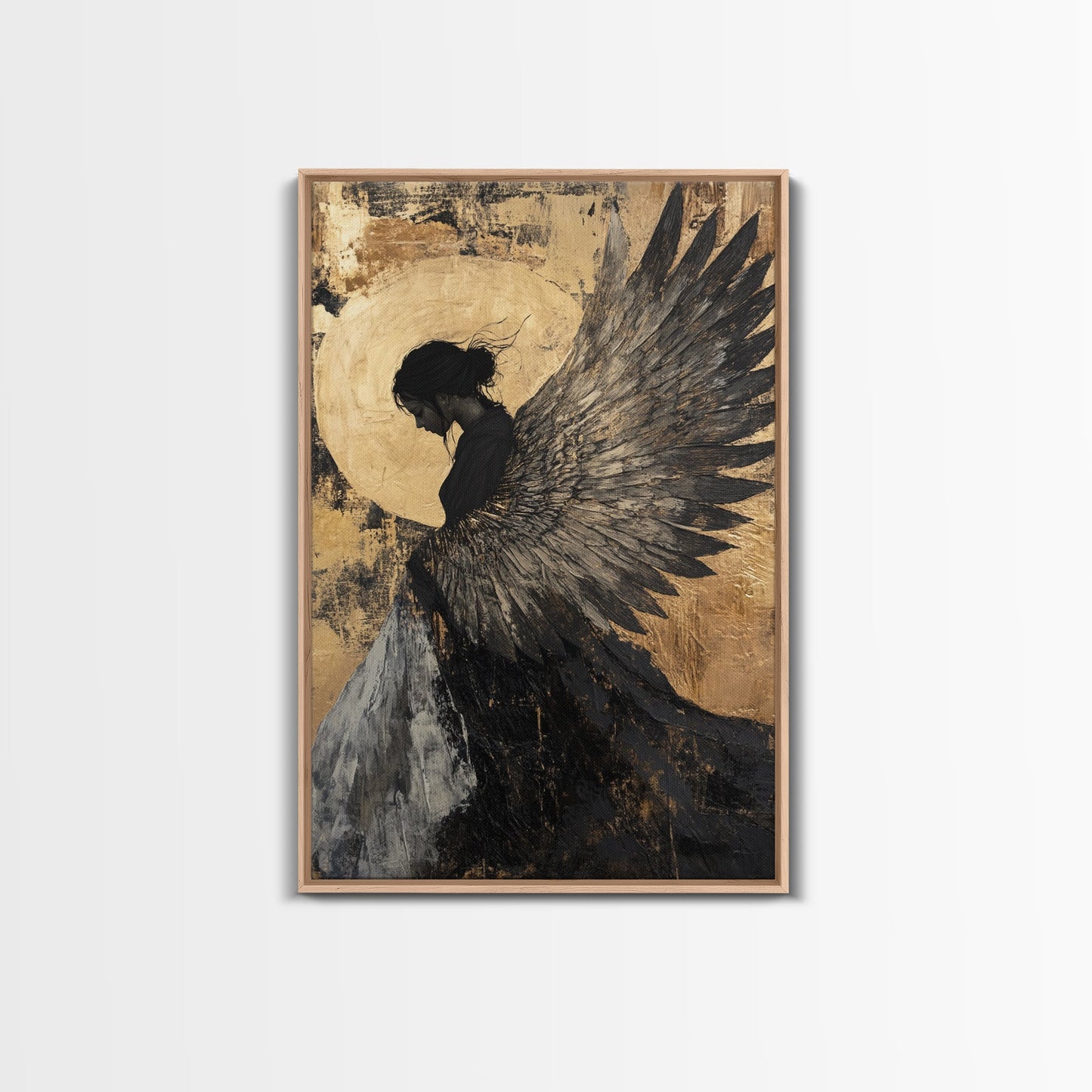 Golden Angel Wings Framed Canvas Print Dark Angel Wall Art Moody Gothic Artwork Gold Abstract Print Rustic Wall Decor Gift Idea