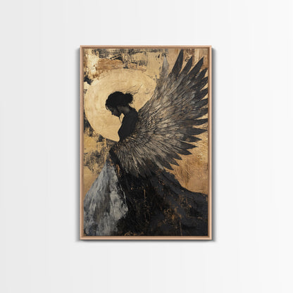 Golden Angel Wings Framed Canvas Print Dark Angel Wall Art Moody Gothic Artwork Gold Abstract Print Rustic Wall Decor Gift Idea