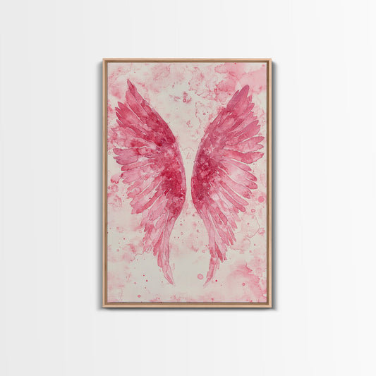 Angel Wings Watercolor Framed Canvas Print - Light Pink Wall Art, Whimsical Angel Art Prints, Cottagecore Bedroom Decor