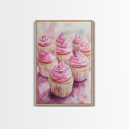 Pink Cupcake Art Canvas Print Kitchen Decor Dessert Illustration Rustic Artwork Food Review Kitchen Art Gift Idea For Her