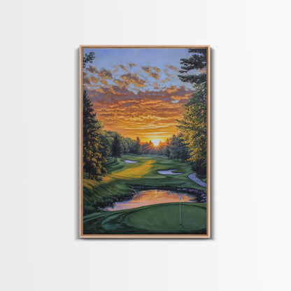 Scenic Golf Sunset Framed Canvas Print, Landscape Painting, Bedroom Wall Art, Rustic Decor, Horizontal Living Room Art