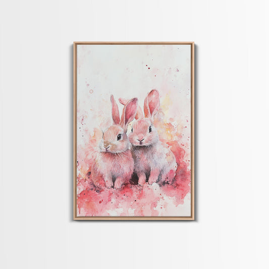 Adorable Bunny Pair Framed Canvas Print Whimsical Art Light Pink Wall Art Cottagecore Decor Farmhouse Style Bedroom Art Gift Idea