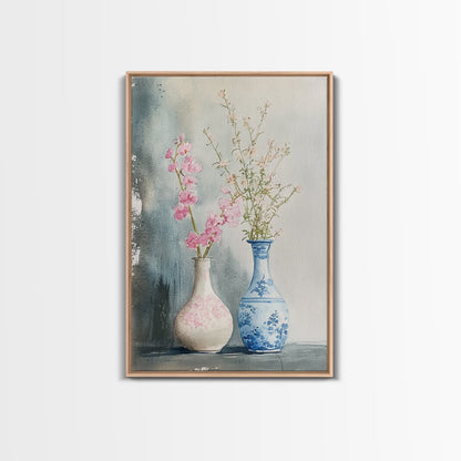 Delicate Vases Framed Canvas Print Wildflower Painting Botanical Prints Minimalist Art Light Pink Wall Art Rustic Decor Gift Idea