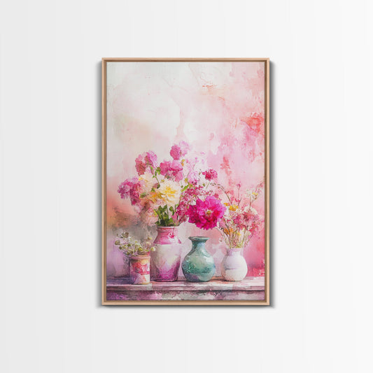 Vibrant Wildflowers Framed Canvas Print Botanical Prints Light Pink Wall Art Rustic Decor Cottagecore Style Farmhouse Bedroom Art