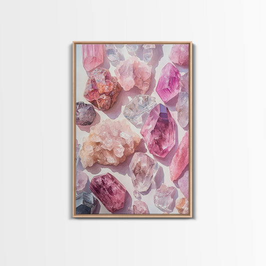 Gemstone Crystal Light Pink Wall Art Framed Canvas Print | Whimsical Living Room Decor | Cottagecore or Dorm Aesthetic Art