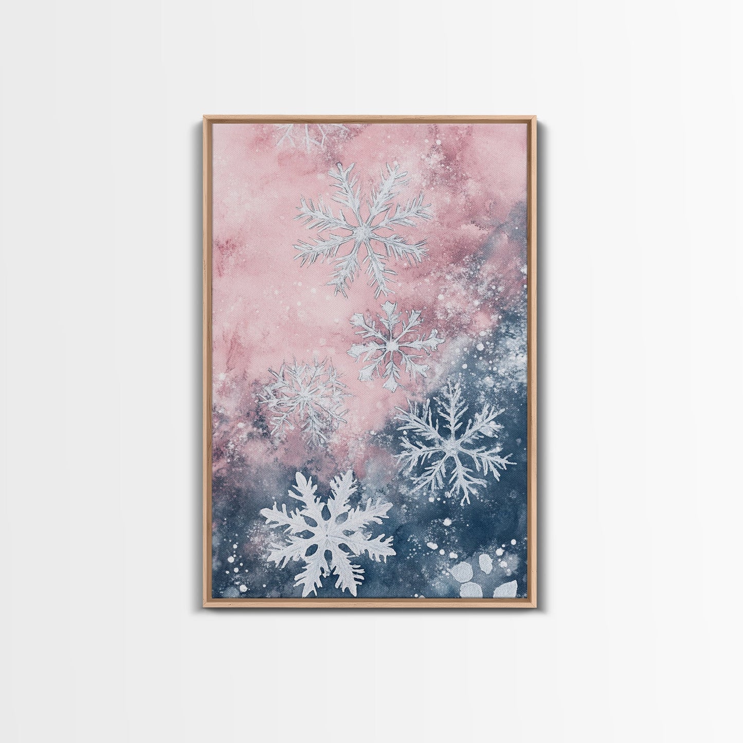 Snowflake Winter Light Pink Wall Art Framed Canvas Print | Wabi Sabi Minimalist Christmas Art | Cozy Holiday Living Room Decor
