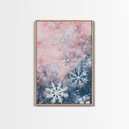 Snowflake Winter Light Pink Wall Art Framed Canvas Print | Wabi Sabi Minimalist Christmas Art | Cozy Holiday Living Room Decor