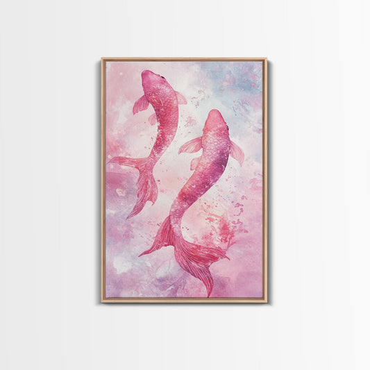 Watercolor koi fish painting in vibrant pink tones, perfect bedroom decor, framed canvas print, whimsical art above bed wall art