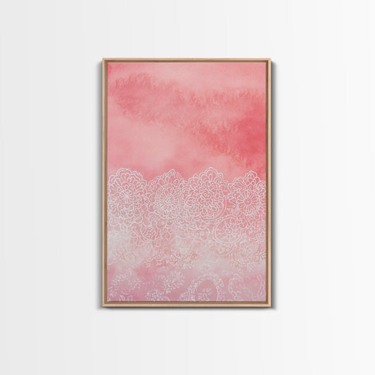 Delicate lace-inspired floral pattern watercolor framed canvas print, pink wall art, light pink abstract art perfect living room decor