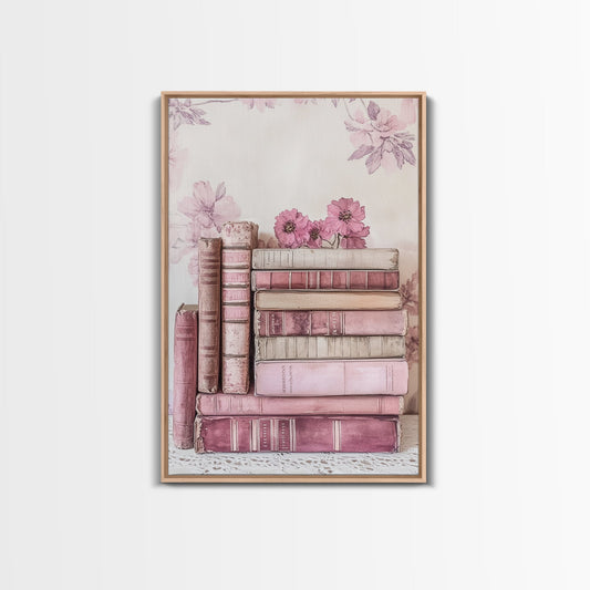 Vintage watercolor books and pink flowers, framed canvas print, cottagecore wall art, rustic decor, perfect above couch art or library decor