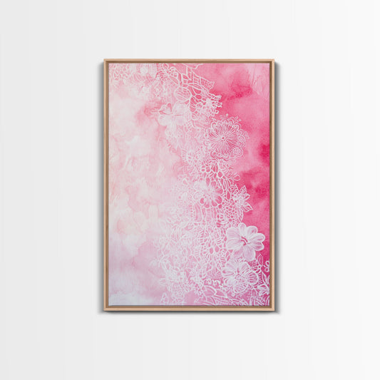 Lace Floral Canvas Print, Pink and White Watercolor Art, Delicate Botanical Prints, Cottagecore Bedroom Wall Art Rustic Decor Gift