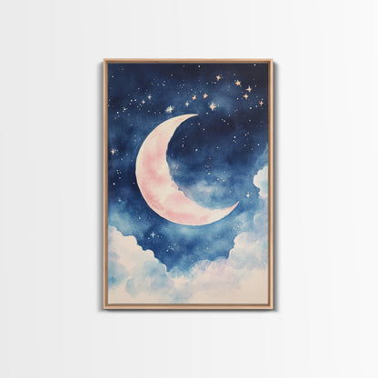 Crescent Moon Painting Canvas Print Bedroom Art Moody Night Sky Painting Above Bed Wall Art Whimsical Art Gift Idea Light Decor