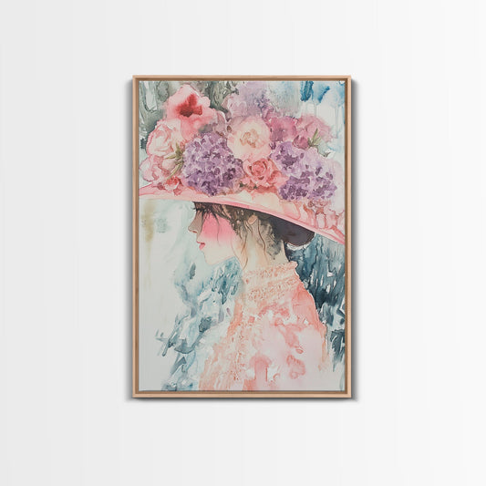 Woman in Garden Painting Framed Canvas Print Floral Hat Art Cottagecore Aesthetic Bedroom Wall Art Gift Idea Whimsical Painting