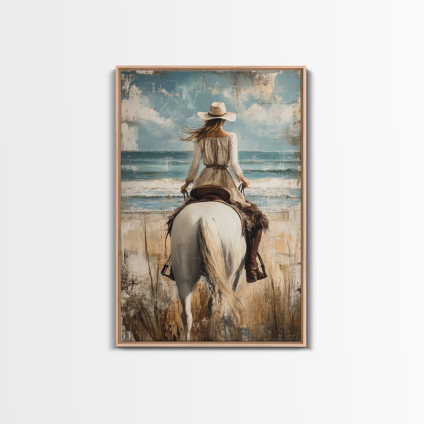 Rustic Horseback Beach Scene Canvas Print Coastal Cowgirl Wall Art Rustic Decor Western Art Nautical Decor Bedroom Living Room Accent