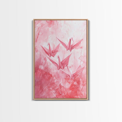 Origami Cranes Canvas Print Japanese Inspired Light Pink Wall Art Whimsical Minimalist Rustic Aesthetic Unique Gift Idea Art