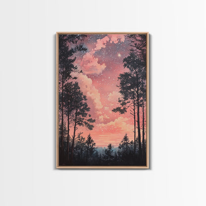 Starry forest scene painting on framed canvas print, forest at dusk painting, smoky mountain art, wabi sabi art, above couch decor
