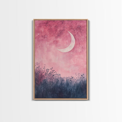 Crescent moon painting on framed canvas print, moody art, pink abstract art, cherry blossom painting, vertical wall art decor