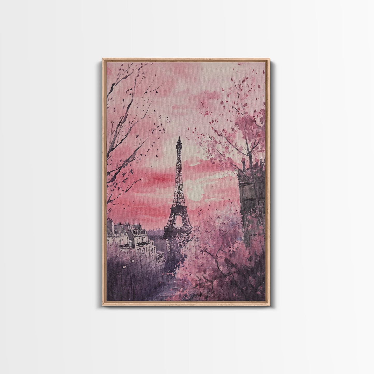 Paris Eiffel Tower Canvas Print Cherry Blossom Painting Romantic Cityscape Art Bedroom Wall Art Boho Dorm Rustic Decor Gift