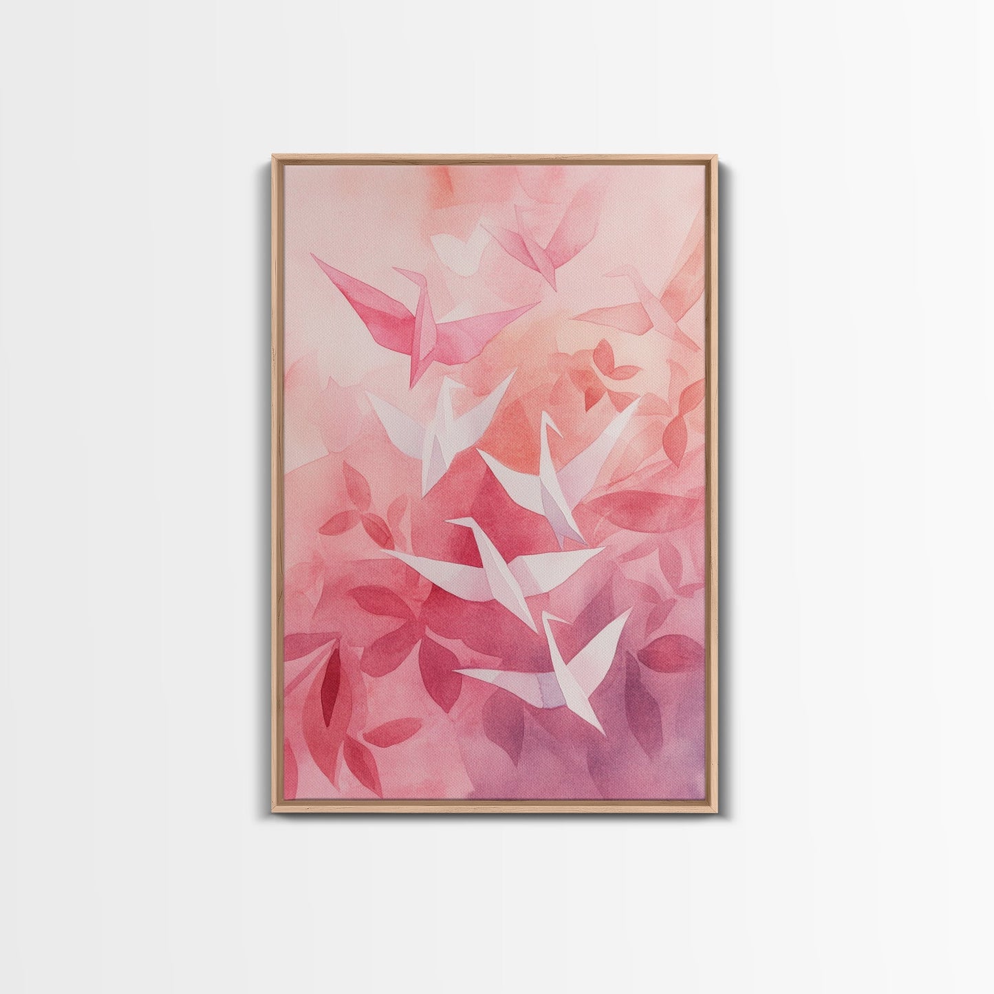 Origami Crane Painting Framed Canvas Print Whimsical Wall Art Light Pink Room Decor Minimalist Art Cherry Blossom Inspired Gift Idea