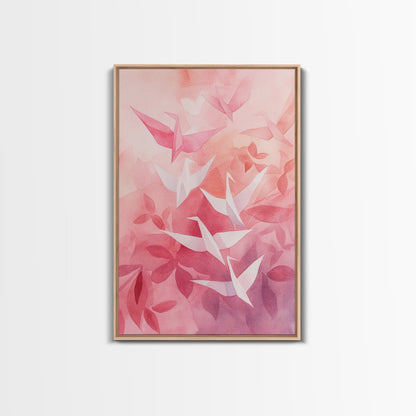 Origami Crane Painting Framed Canvas Print Whimsical Wall Art Light Pink Room Decor Minimalist Art Cherry Blossom Inspired Gift Idea