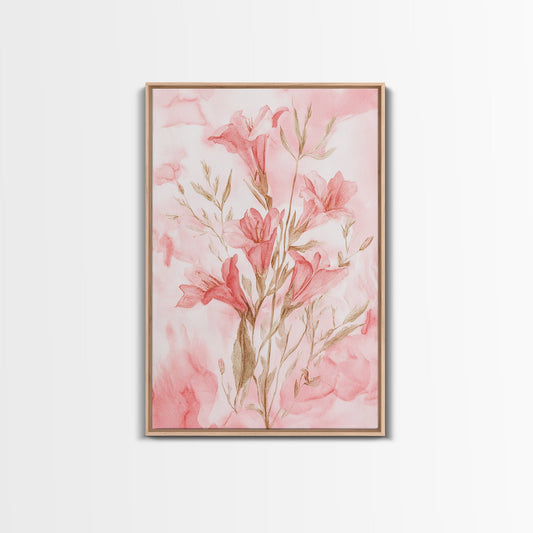 Pink Wildflower Painting Canvas Print Light Botanical Prints Bedroom Wall Art Minimalist Decor Cottagecore Aesthetic Artwork