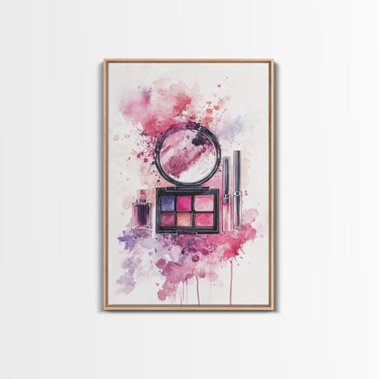 Makeup palette splash art vibrant beauty decor framed canvas print modern girly aesthetic perfect gift idea unique pink abstract art piece