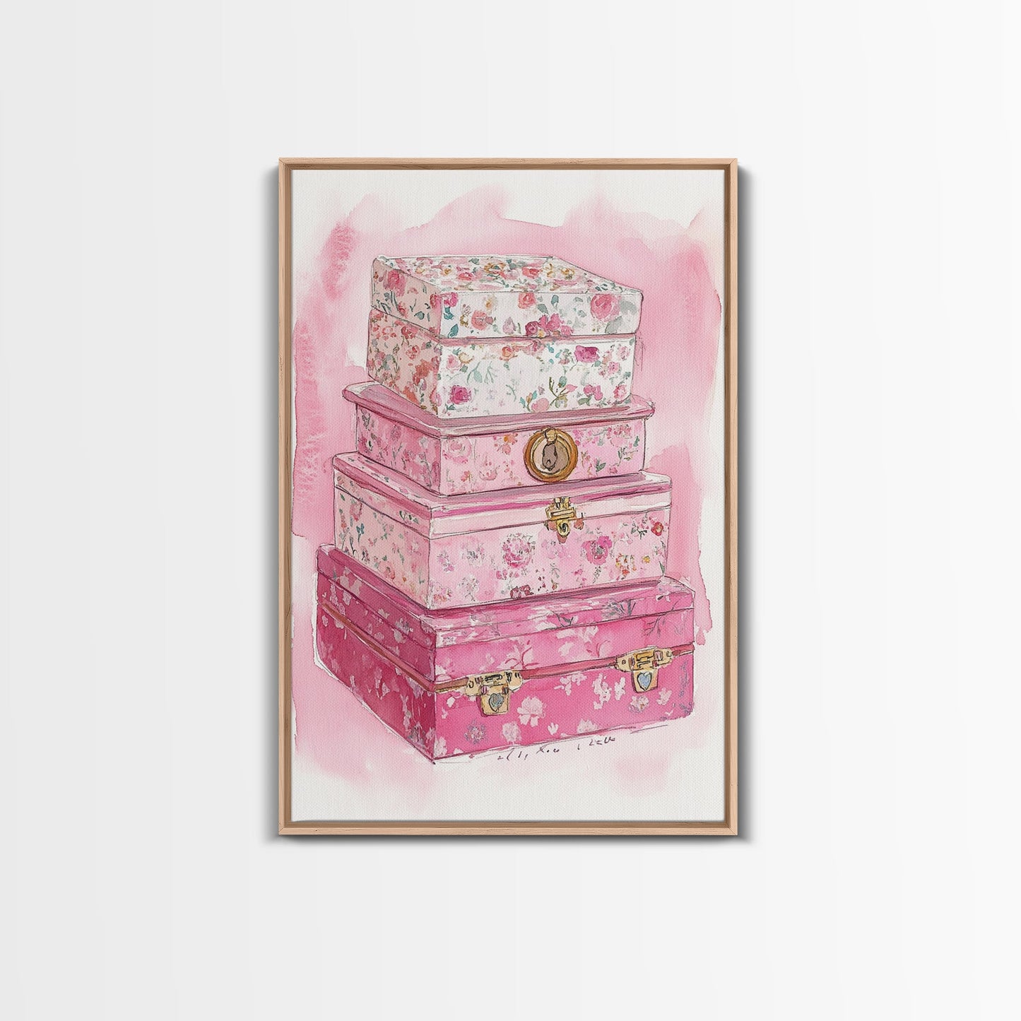 Floral stackable decorative boxes framed canvas print chic boho decor whimsical rustic art idea cozy wall decor charming bedroom addition