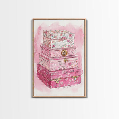 Floral stackable decorative boxes framed canvas print chic boho decor whimsical rustic art idea cozy wall decor charming bedroom addition