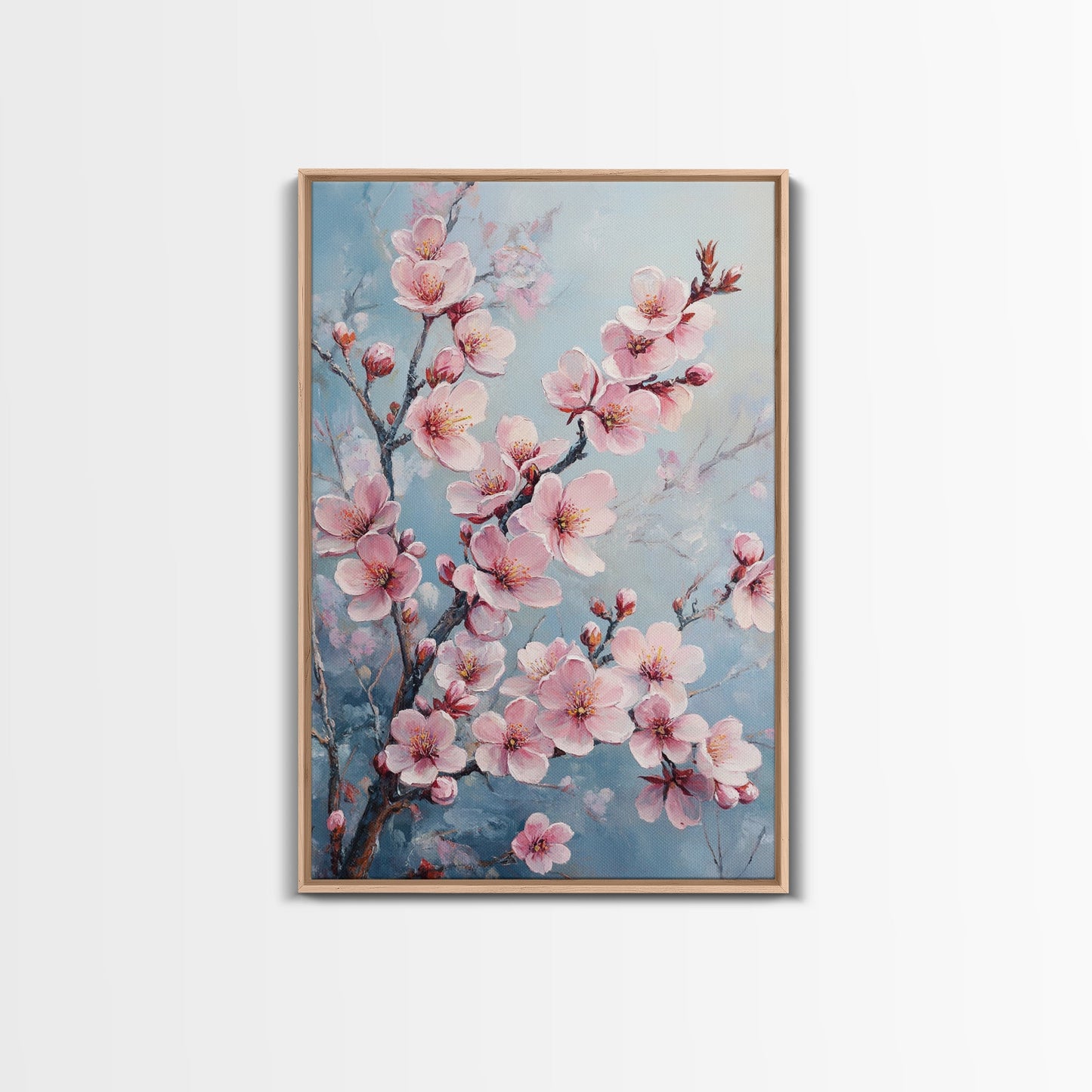 Cherry Blossom Painting Framed Canvas Print | Japanese Sakura Wall Art | Light Pink Wall Art Above Sofa Decor | Floral Nature Print